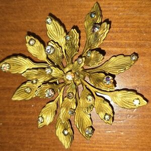 Vintage Gold-tone Leaf Brooch with aurora borealis rhinestones. 3.25"x3" 60s